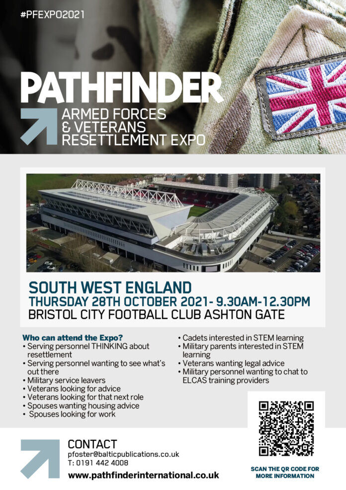 Event flyer for the Pathfinder Armed Forces & Veterans Resettlement Expo, 28 Oct 2021, at Bristol City Football Club Ashton Gate—connecting the military and Army community with key event details and contact information.
