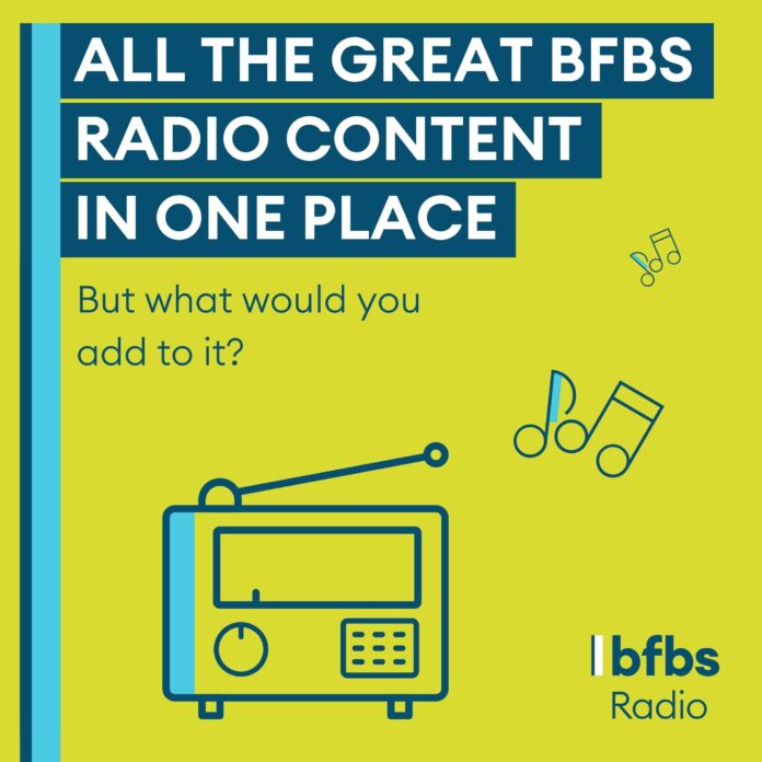 A promotional graphic for BFBS Radio featuring text, a radio illustration, and musical note icons on a yellow and green background, highlighting support for Veteran resettlement.