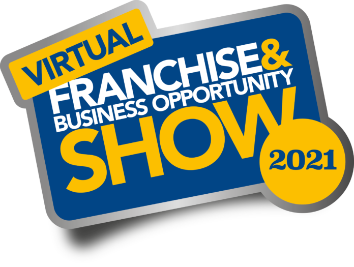 Logo for the Virtual Franchise & Business Opportunity Show 2021, featuring bold blue, white, and yellow text on a badge-style background—a perfect fit for Army or Royal Navy veterans seeking new opportunities.
