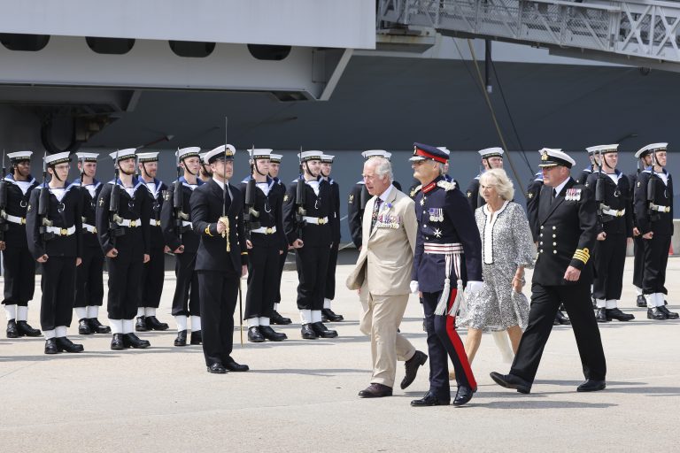 Royal Navy Flagship Welcomes TRH The Prince Of Wales And The Duchess Of Cornwall For Falklands Anniversary Reception