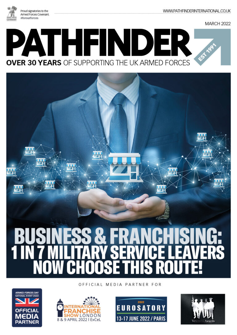 Magazine cover featuring a suited person surrounded by digital business icons. The headline boldly states: "Business & Franchising: 1 in 7 Military Service Leavers Now Choose This Route!" For more insights, check the December 2020 issue in PDF format.