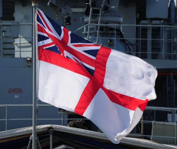 Union Jack and Ensign on ship