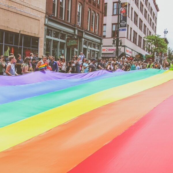 crown holding multicolored banner