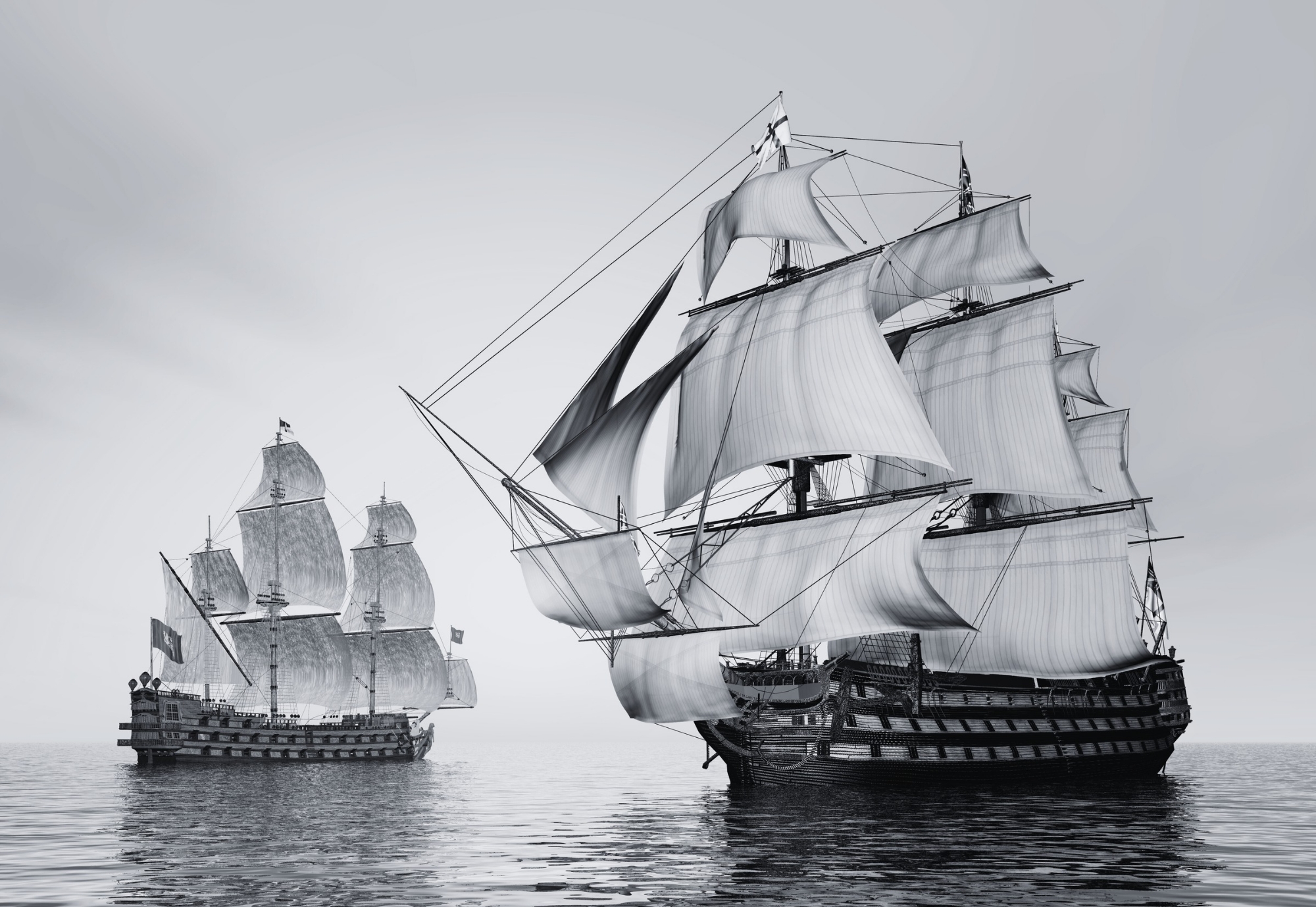 Two large sailing ships with multiple masts and sails navigate calm waters, reminiscent of a Trafalgar Night scene. The sky is overcast, adding to the immersive experience.