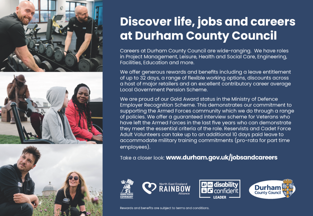 The Durham County Council careers information poster showcases diverse individuals thriving in various roles, highlighting employment benefits and opportunities. Get ready to draft your future with us!