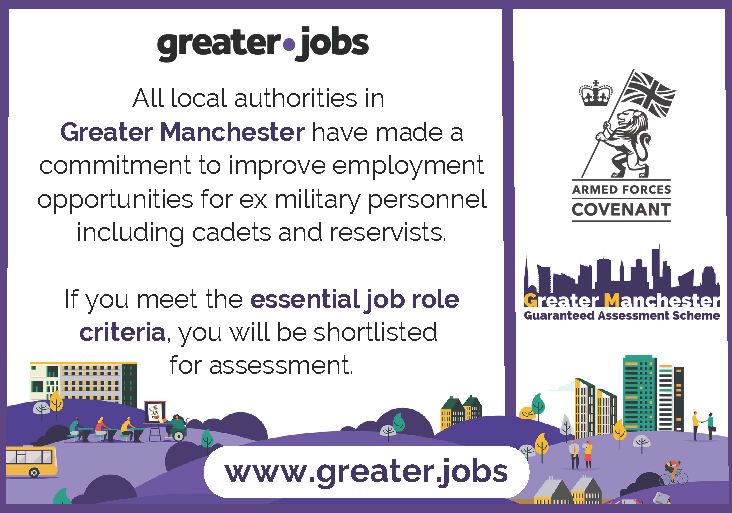 Promotional graphic highlighting employment opportunities for ex-military personnel in Greater Manchester, featuring icons of cityscape and armed forces logos, brought to you by Greater Jobs.