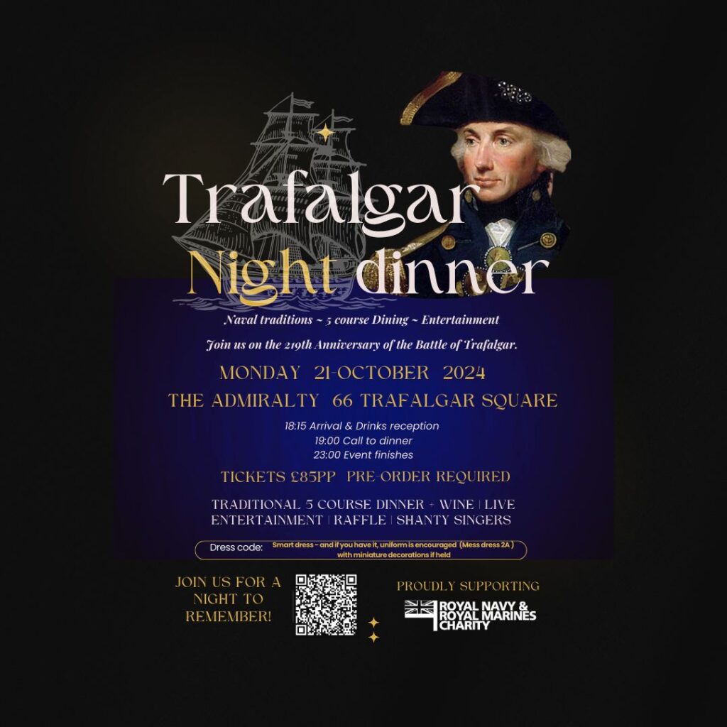 Trafalgar Night Dinner event poster showcasing a captivating immersive experience with details of the dinner, entertainment, and charity support, all wrapped in a rich naval theme and historical imagery.