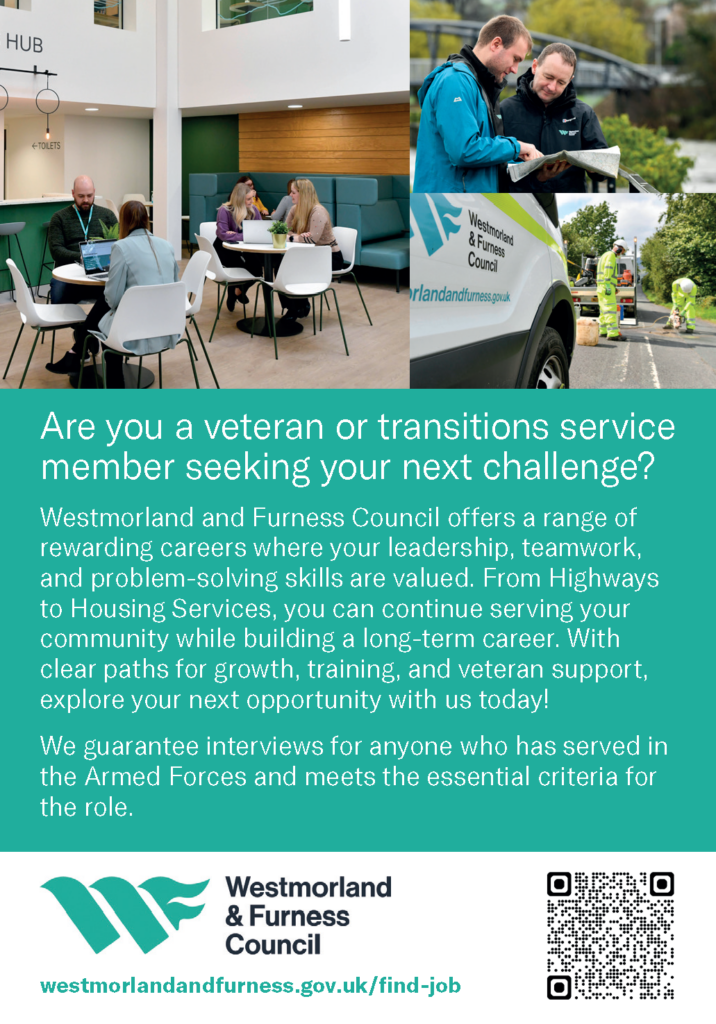 Flyer for Westmorland and Furness Council highlighting career opportunities for veterans, featuring three panel images: professionals in discussion, hands holding a tablet, and a stunning scenic view.