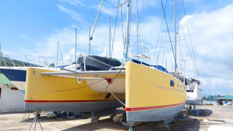 A yellow catamaran with a red stripe rests on land, amid other boats. The blue sky, dotted with clouds, whispers tales of a Pacific adventure. Among these vessels, it stands as a reminder of a daring sail solo by an inspiring triple amputee navigator.