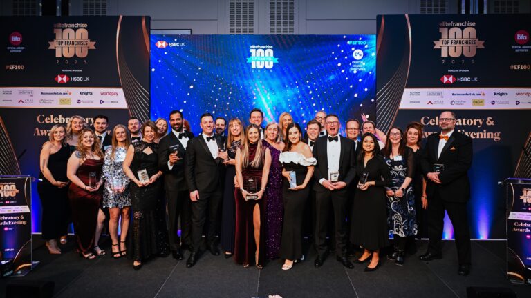 A group of BFA Members in formal attire pose with awards on a stage adorned with banners for the Elite Franchise Awards, celebrating industry excellence at a 2023 event.