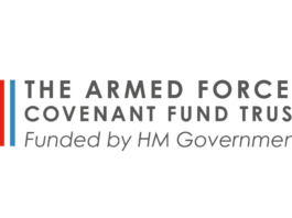 Text reading "The Armed Forces Covenant Fund Trust, awarded by HM Government" with red, white, and blue vertical stripes on the left. This initiative aims to enhance the quality of life for veterans.