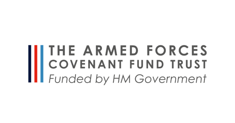 Text reading "The Armed Forces Covenant Fund Trust, awarded by HM Government" with red, white, and blue vertical stripes on the left. This initiative aims to enhance the quality of life for veterans.
