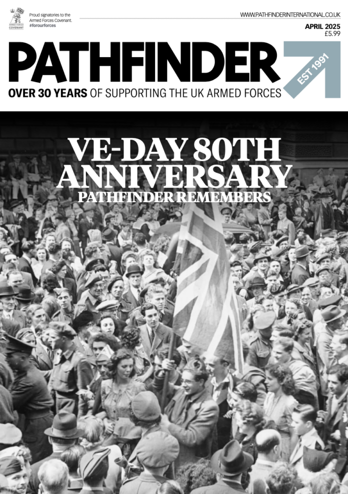 Magazine cover of Pathfinder's April 2025 issue, showcasing a historic photo of a jubilant crowd holding a Union Jack, celebrating the 80th anniversary of VE Day.