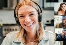 Helping veterans access services: What works? A person wearing headphones, joining a video call with three others shown in smaller frames on the side, all smiling. This lively session about "What Works" offers veterans insights into access services that can make a difference.