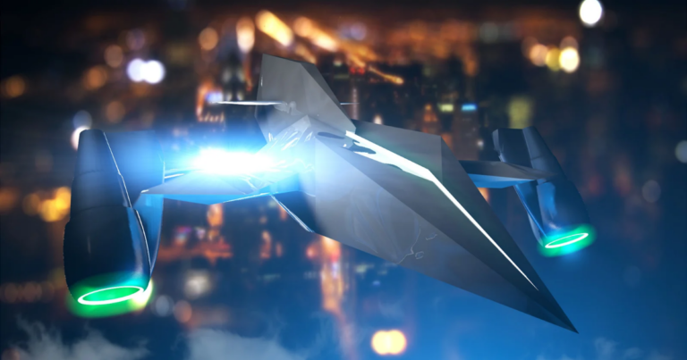 A futuristic stealth aircraft with an angular design and glowing engines soars silently over a blurred UK cityscape at night, showcasing its advanced hypersonic weapons capabilities.
