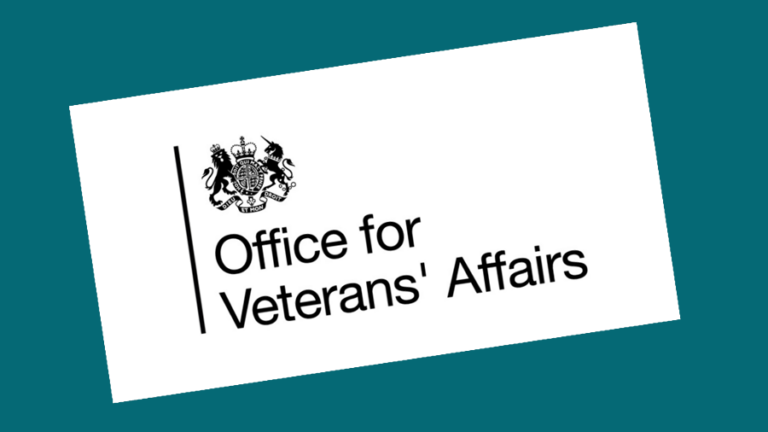 The image shows the logo of the Office for Veterans' Affairs, featuring a government crest and bold black text on a white background, highlighting its connection to Veterans and the Ministry of Defence.