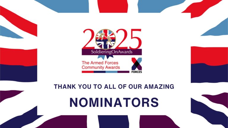 British-themed banner for the 2025 Soldiering On Awards, expressing heartfelt gratitude to all nominators. With nominations now closed, we honor your support for the Armed Forces Community Awards.