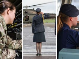 Three Servicewomen in military uniforms: one operating equipment, one saluting a helicopter, and one looking through a periscope-like device—highlighting their crucial roles recognized by the Seen and Heard Programme.