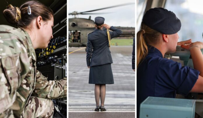 Three Servicewomen in military uniforms: one operating equipment, one saluting a helicopter, and one looking through a periscope-like device—highlighting their crucial roles recognized by the Seen and Heard Programme.