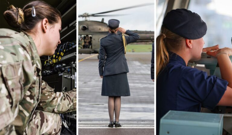 Three Servicewomen in military uniforms: one operating equipment, one saluting a helicopter, and one looking through a periscope-like device—highlighting their crucial roles recognized by the Seen and Heard Programme.
