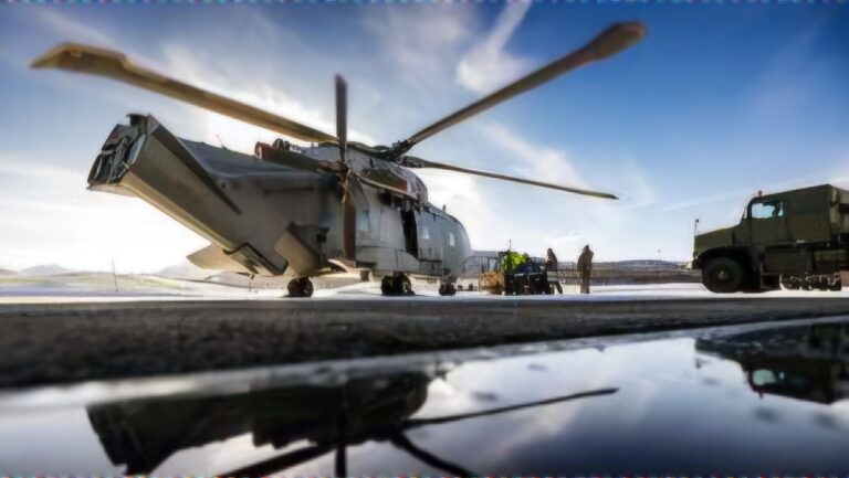 Sub-Hunting Helicopters parked on the tarmac next to a military truck, with personnel standing nearby under a clear sky. This scene marks a pivotal moment in the fleet expansion that will support British jobs and enhance defense capabilities.