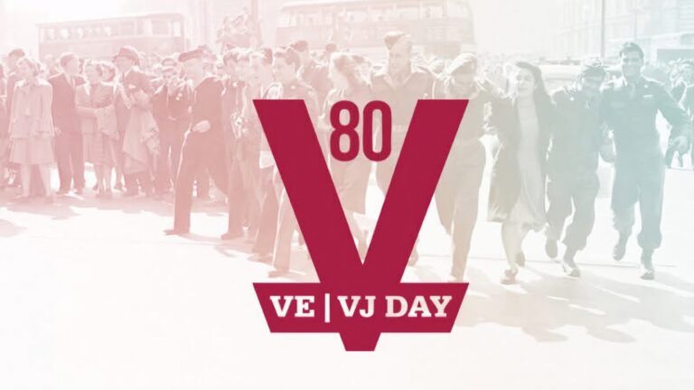 A jubilant crowd fills the street, waving Union Flags beneath a large red "V" and "80." The text reads "VE | VJ Day," marking the momentous VE Day 80 celebration.
