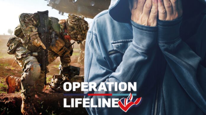 A soldier in combat gear kneels in the field while a distressed person in a hoodie covers their face; text reads 