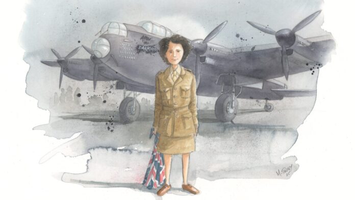 A woman in a World War II-era military uniform stands in front of a vintage bomber aircraft, holding a folded British flag—capturing the spirit of VE Day and honoring every WWII Veteran’s Story.