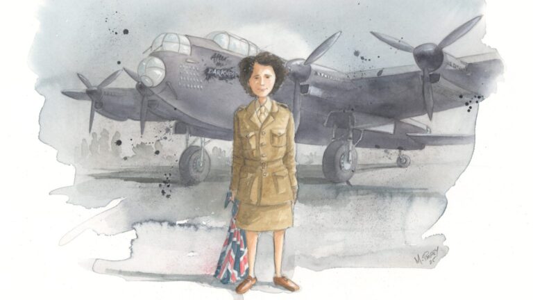 A woman in a World War II-era military uniform stands in front of a vintage bomber aircraft, holding a folded British flag—capturing the spirit of VE Day and honoring every WWII Veteran’s Story.