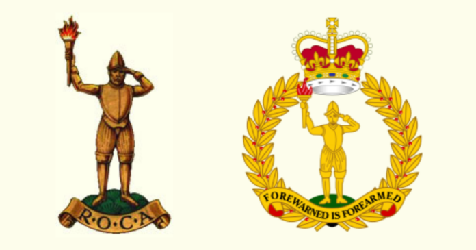 Two emblems: left, a saluting figure in armor holding a torch above 