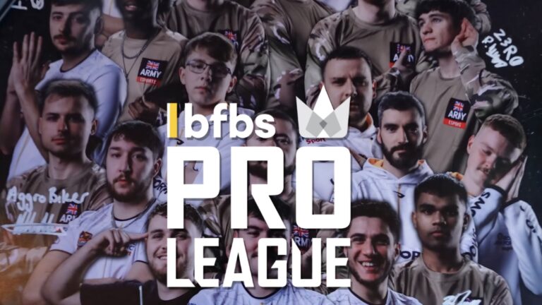 Collage of esports players in tan jerseys from the Armed Forces, with the "bfbs PRO LEAGUE" logo prominently displayed at the center, highlighting their participation in this premier Esports League.