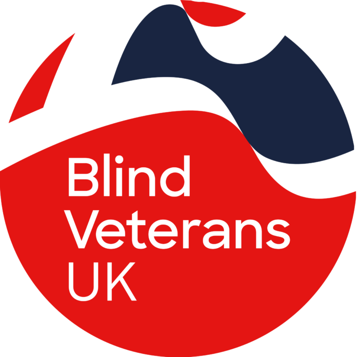 The Blind Veterans UK logo features bold white text on a red circular background, with abstract red, white, and navy shapes above the text—an eye-catching design that would appeal to any Radio Presenter or Radio Producer.