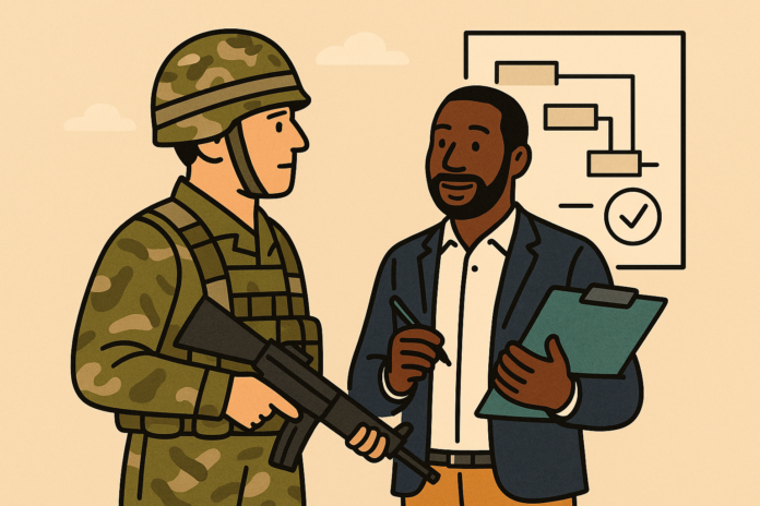 A person in military uniform holding a rifle speaks with a person in business attire holding a clipboard about project management in front of a flowchart, highlighting life after service.