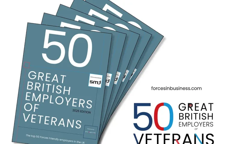 A stack of booklets titled "50 Great British Employers of Veterans 2025 Edition," featuring leading forces-friendly employers like BAE Systems and Babcock, displayed next to the same title in large text. BAE Systems