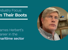 A middle-aged man in glasses poses indoors; text reads “Industry Focus: In Their Boots—veteran James Herbert’s career in maritime rescue.”.
