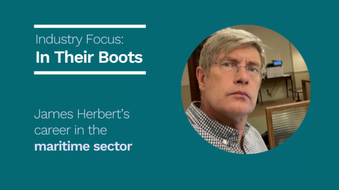 A middle-aged man in glasses poses indoors; text reads “Industry Focus: In Their Boots—veteran James Herbert’s career in maritime rescue.”.