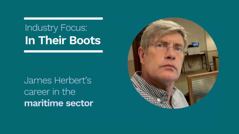 A middle-aged man in glasses poses indoors; text reads “Industry Focus: In Their Boots—veteran James Herbert’s career in maritime rescue.”.