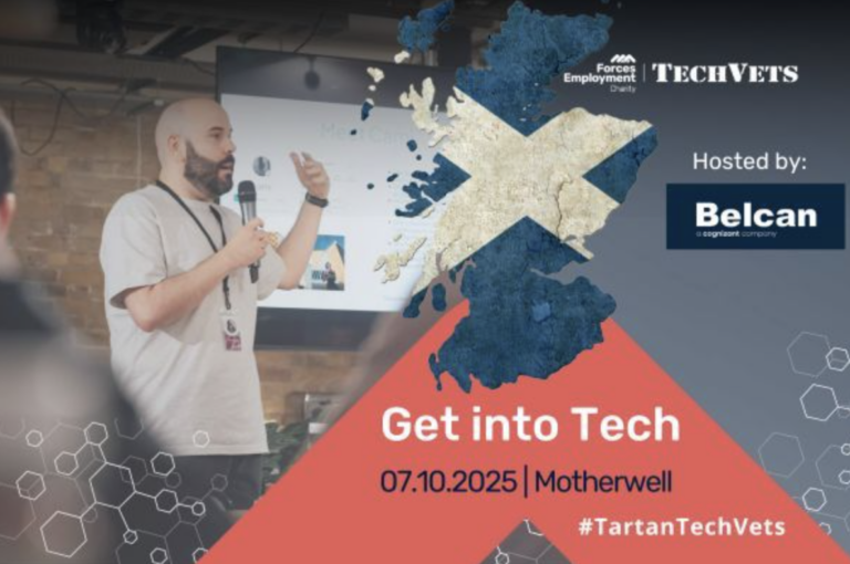 TechVets. A man speaks at a tech event in front of a screen showing the Scottish flag and event details for "Get into Tech," scheduled for 7 October 2025 in Motherwell, highlighting opportunities in tech careers.