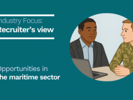 Two men, one in a suit and the other in military attire, sit at a table with a laptop. Text reads: "Recruiter’s view: Opportunities in the maritime sector.