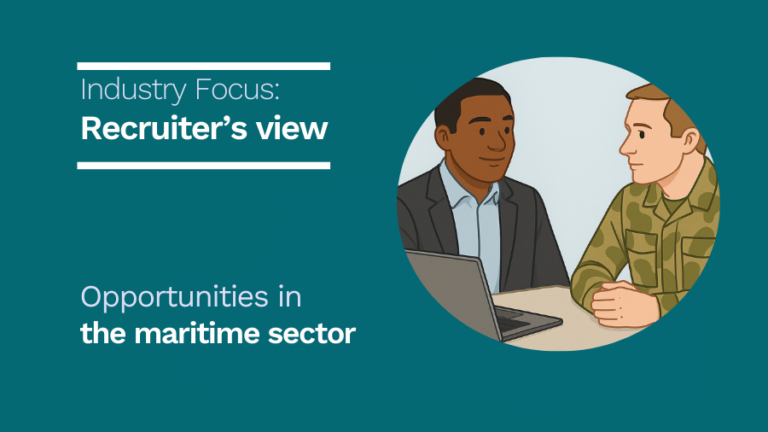 Two men, one in a suit and the other in military attire, sit at a table with a laptop. Text reads: "Recruiter’s view: Opportunities in the maritime sector.