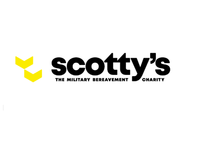 Scotty's logo with yellow chevrons on the left and the text "scotty's THE MILITARY BEREAVEMENT CHARITY" in black on a white background.