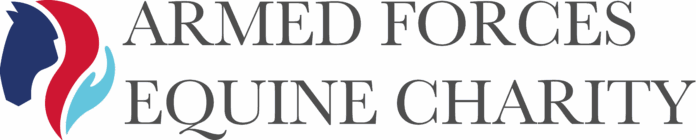 Logo for Armed Forces Equine Charity, featuring a stylized horse head in blue and red next to the organization's name in large gray text.