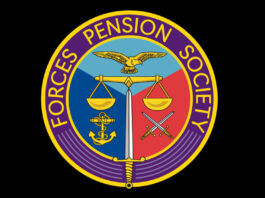 Circular Forces Pension Society logo featuring scales, an eagle, a sword, anchor, and crossed swords on a divided background, with yellow text on a purple border. A reminder of support and honor for those on the State Pension.