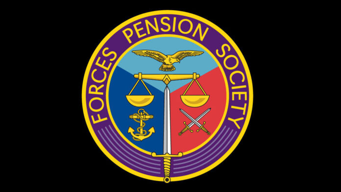 Circular Forces Pension Society logo featuring scales, an eagle, a sword, anchor, and crossed swords on a divided background, with yellow text on a purple border. A reminder of support and honor for those on the State Pension.