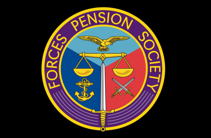 Circular Forces Pension Society logo featuring scales, an eagle, a sword, anchor, and crossed swords on a divided background, with yellow text on a purple border. A reminder of support and honor for those on the State Pension.