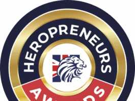 Heropreneurs Awards 2025 circular logo featuring a lion with a Union Jack flag background, surrounded by gold, navy, red, and white rings with the event name—highlighting the prestige of the 2025 finalists.