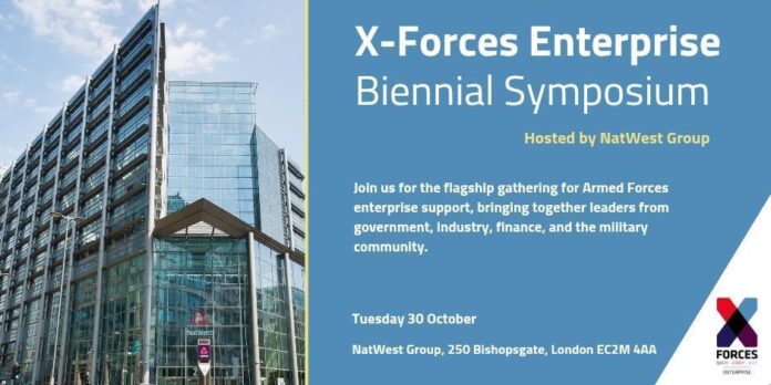 Promotional image for the X-Forces Enterprise Symposium in London, hosted by NatWest Group, taking place Tuesday 30 October 2025 at 250 Bishopsgate, featuring a photo of a striking glass office building.