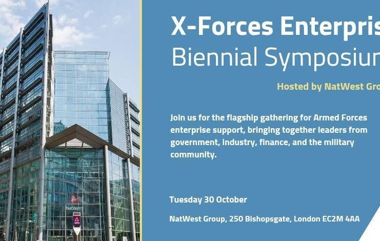 Promotional image for the X-Forces Enterprise Symposium in London, hosted by NatWest Group, taking place Tuesday 30 October 2025 at 250 Bishopsgate, featuring a photo of a striking glass office building.