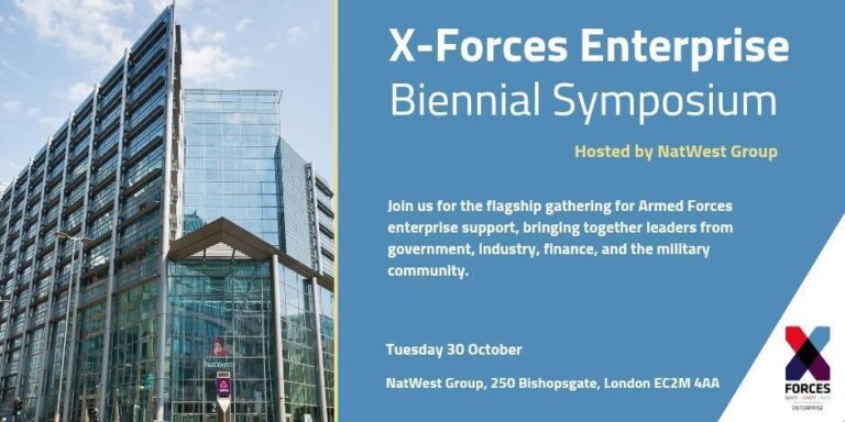 Promotional image for the X-Forces Enterprise Symposium in London, hosted by NatWest Group, taking place Tuesday 30 October 2025 at 250 Bishopsgate, featuring a photo of a striking glass office building.