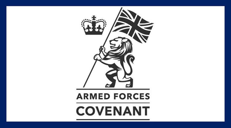 Logo featuring a lion holding the Union Jack flag, a crown above, and the text "Armed Forces Covenant" below, on a white background with a blue border—perfect for promoting your Armed Forces Covenant awareness programme.